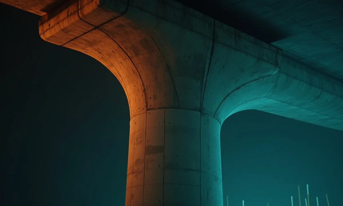 Columna de hormigón de una estructura, iluminada en tonos teal y naranja